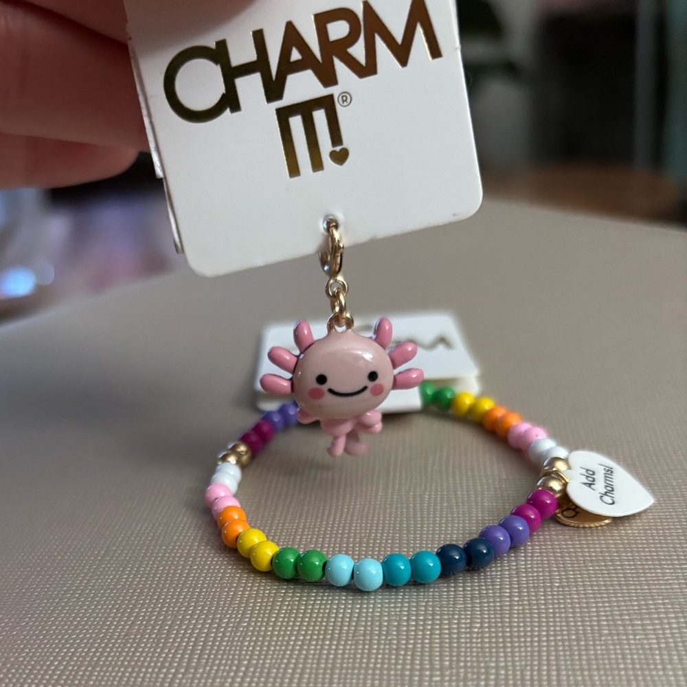 Colorful Beaded Kids Bracelet with Pink Charm 🩷💛💜🩵🤍